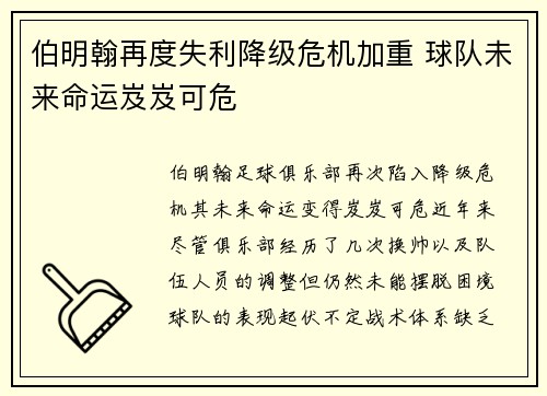 伯明翰再度失利降级危机加重 球队未来命运岌岌可危