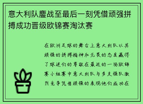 意大利队鏖战至最后一刻凭借顽强拼搏成功晋级欧锦赛淘汰赛