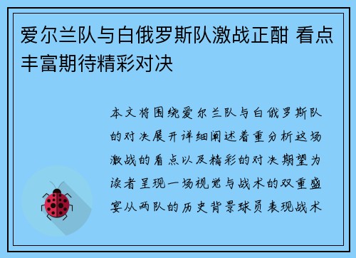 爱尔兰队与白俄罗斯队激战正酣 看点丰富期待精彩对决