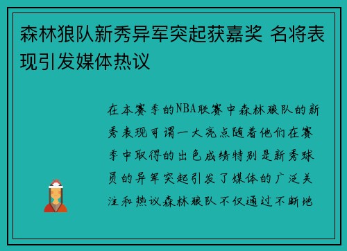 森林狼队新秀异军突起获嘉奖 名将表现引发媒体热议